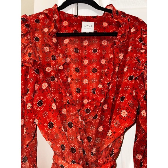 MISA Los Angeles Floral Print Mini Dress Ruffle Trim Long‎ Sleeve Red XL - Picture 10 of 14